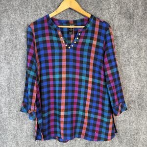 Ali Miles Shirt Womens Large Colorful Plaid Linen 3/4 Sleeve‎ Studded Casual